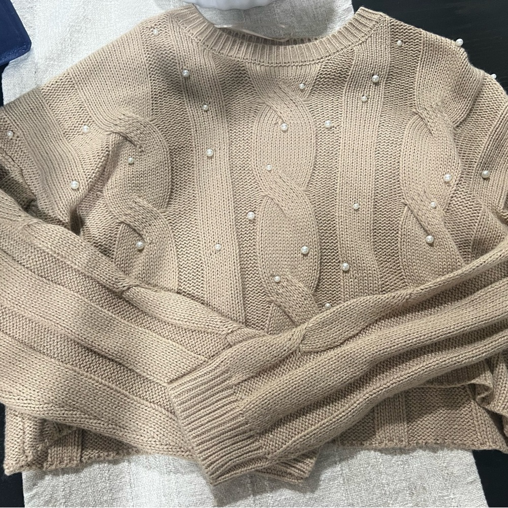 Love Tree Beige Cable Knit Sweater with Pearls